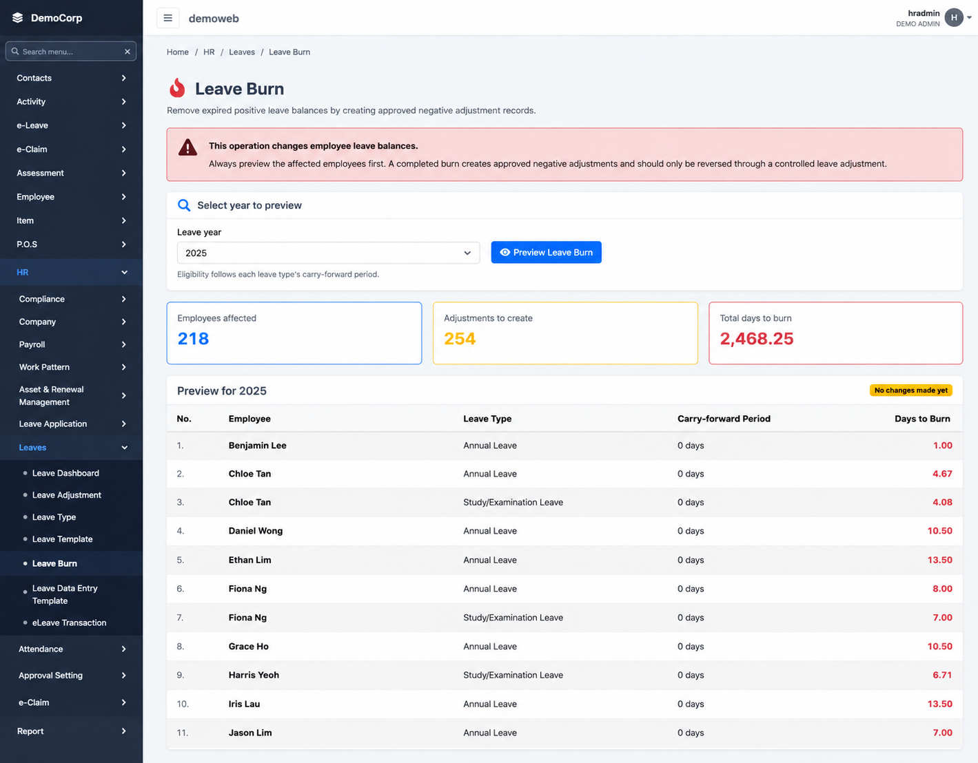 HRM.my manual leave burn administration screen